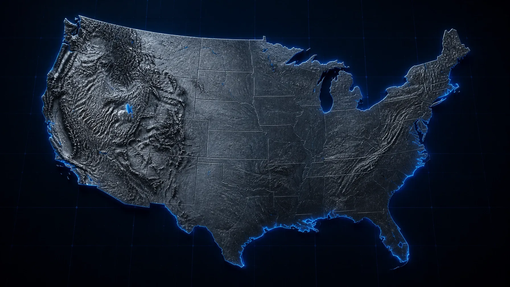 Stylised metallic relief map of the continental United States